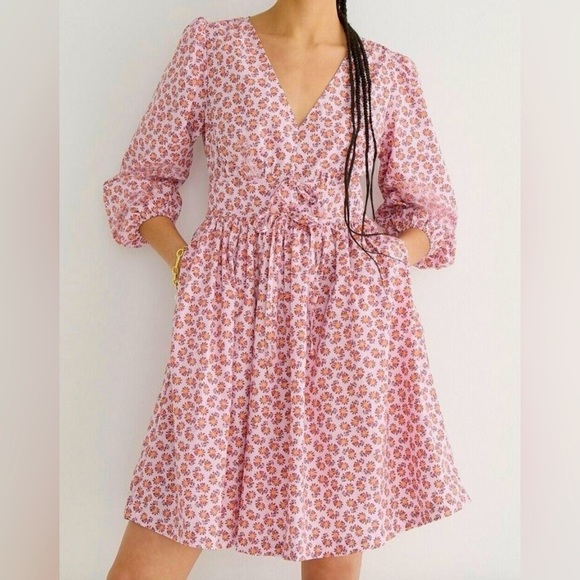 J. Crew V-neck Cotton Poplin Mini Dress Pink Floral Size 2 - Picture 1 of 7